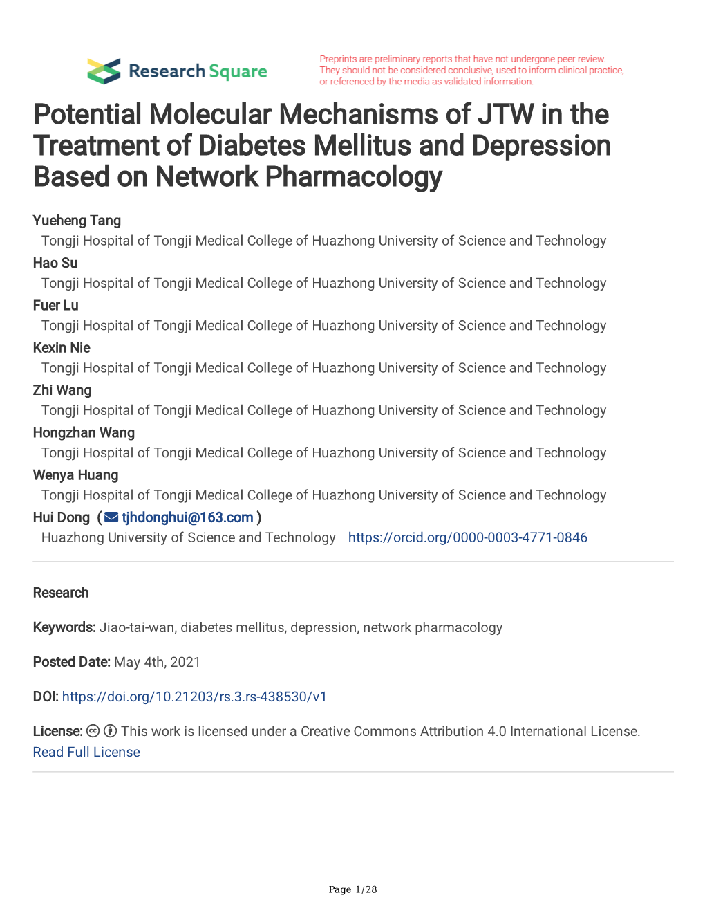 Potential Molecular Mechanisms of JTW in the Treatment of Diabetes Mellitus and Depression Based on Network Pharmacology