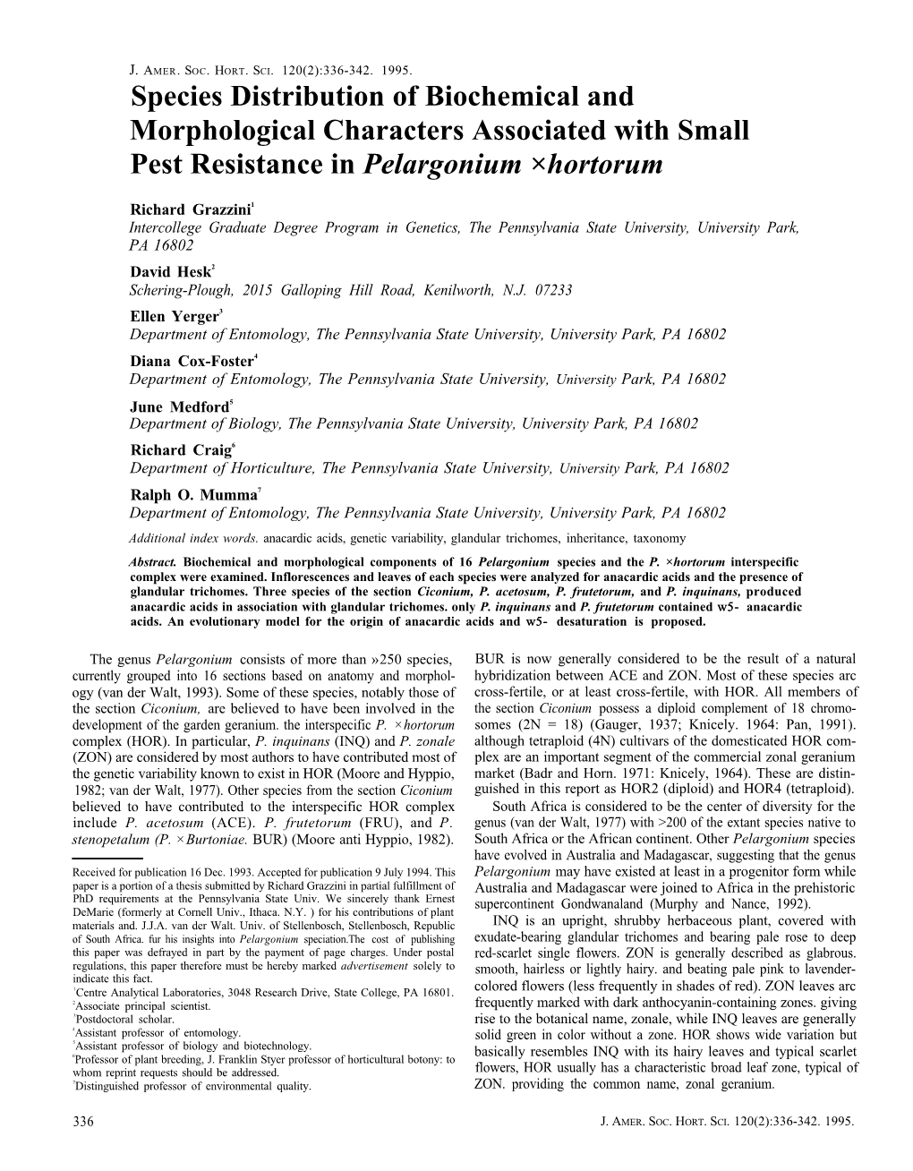 Species Distribution of Biochemical and Morphological Characters Associated with Small Pest Resistance in Pelargonium ×Hortorum