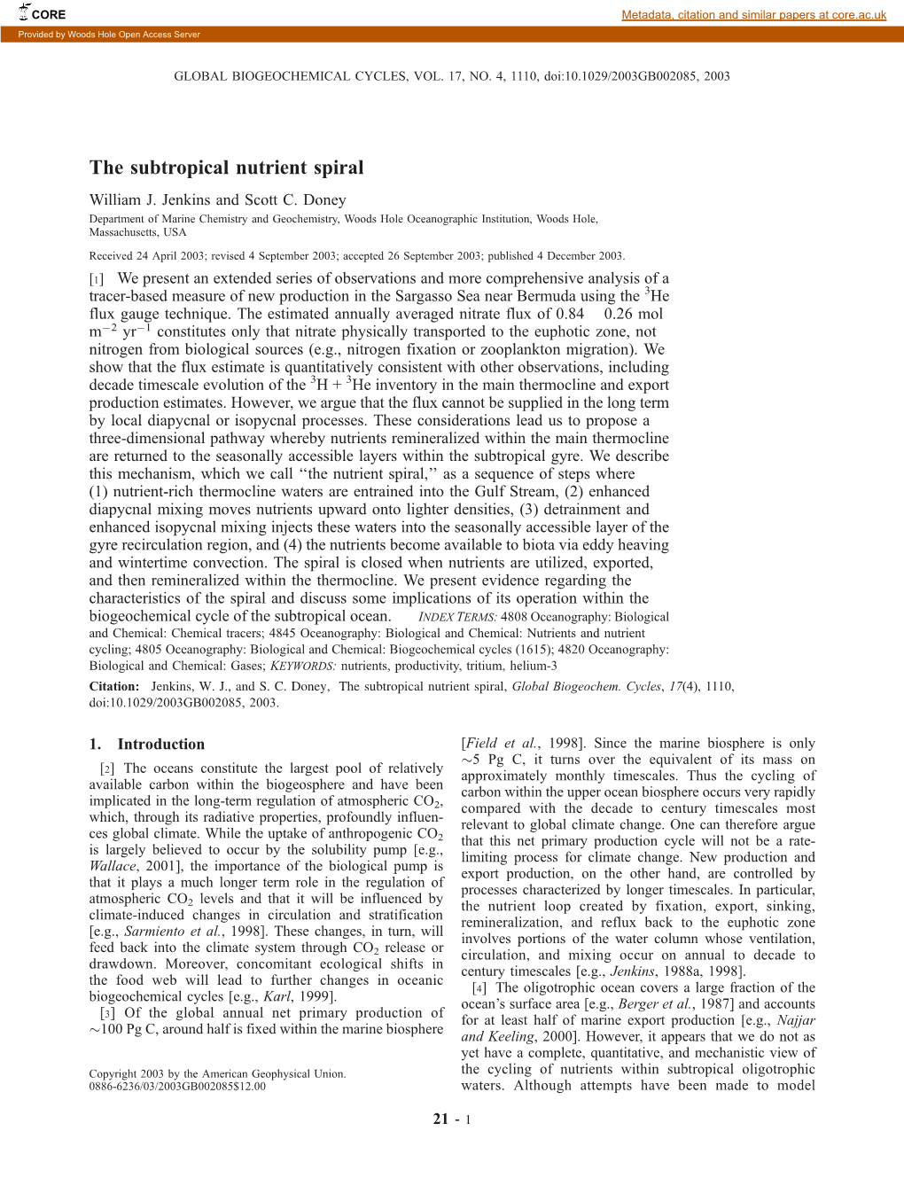 The Subtropical Nutrient Spiral William J