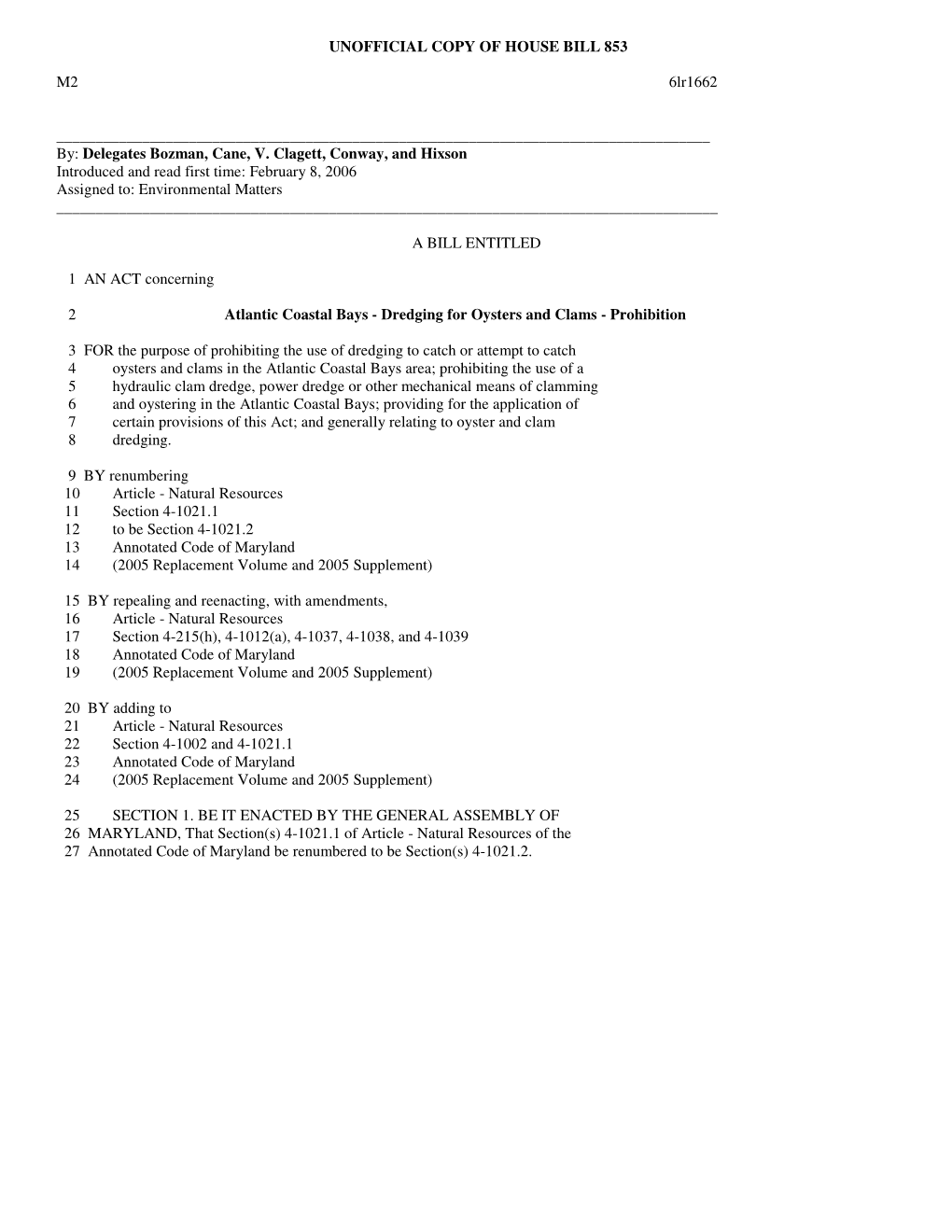 UNOFFICIAL COPY of HOUSE BILL 853 M2 6Lr1662
