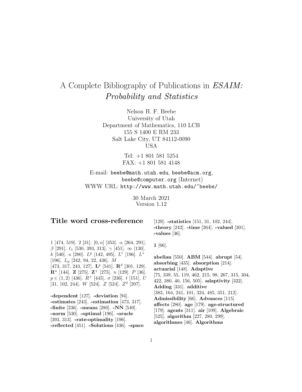 A Complete Bibliography of Publications in ESAIM: Probability and Statistics