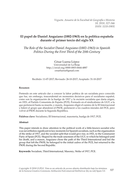 El Papel De Daniel Anguiano (1882-1963) En La Política Española Durante El Primer Tercio Del Siglo XX / the Role of the Social