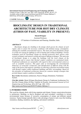 Bioclimatic Design in Traditional Architecture for Hot Dry Climate (Ethos of Past, Viability in Present)