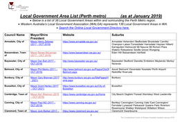 Local Government Area List (Perth Metro) (As at January 2019)  Below Is a List of 38 Local Government Areas Within and Surrounding the Perth Metro Region