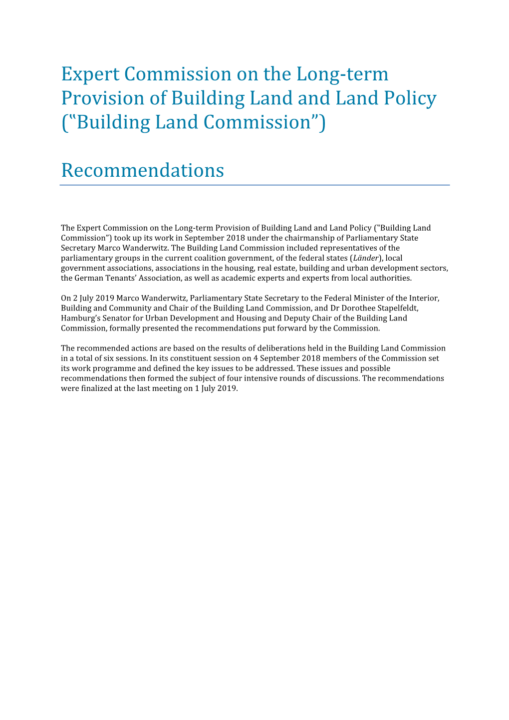 Expert Commission on the Long-Term Provision of Building Land and Land Policy (‟Building Land Commission”)