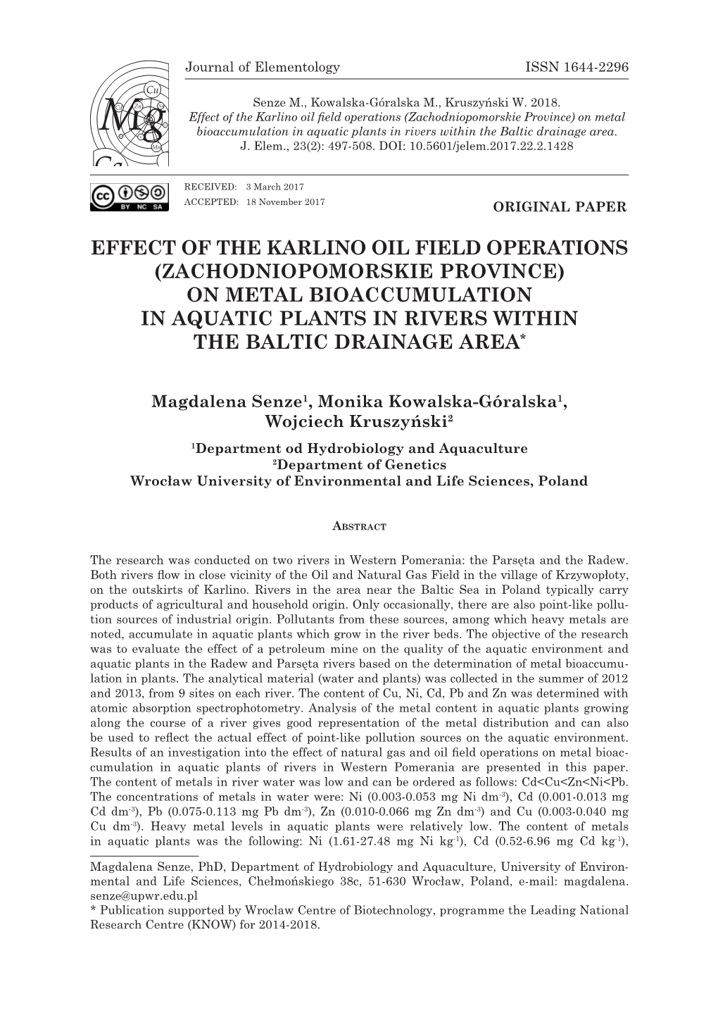 Effect of the Karlino Oil Field Operations (Zachodniopomorskie Province) on Metal Bioaccumulation in Aquatic Plants in Rivers Within the Baltic Drainage Area