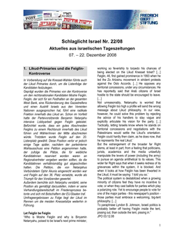 Schlaglicht Israel Nr. 22/08 Aktuelles Aus Israelischen Tageszeitungen 07