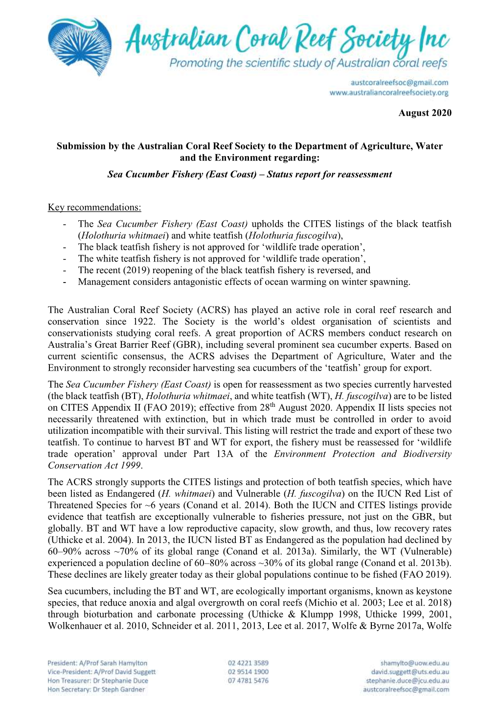 ACRS Submission for Reassessment of Sea Cucumber Fishery