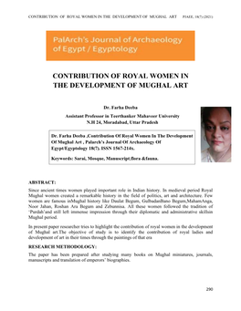 Contribution of Royal Women in the Development of Mughal Art Pjaee, 18(7) (2021)