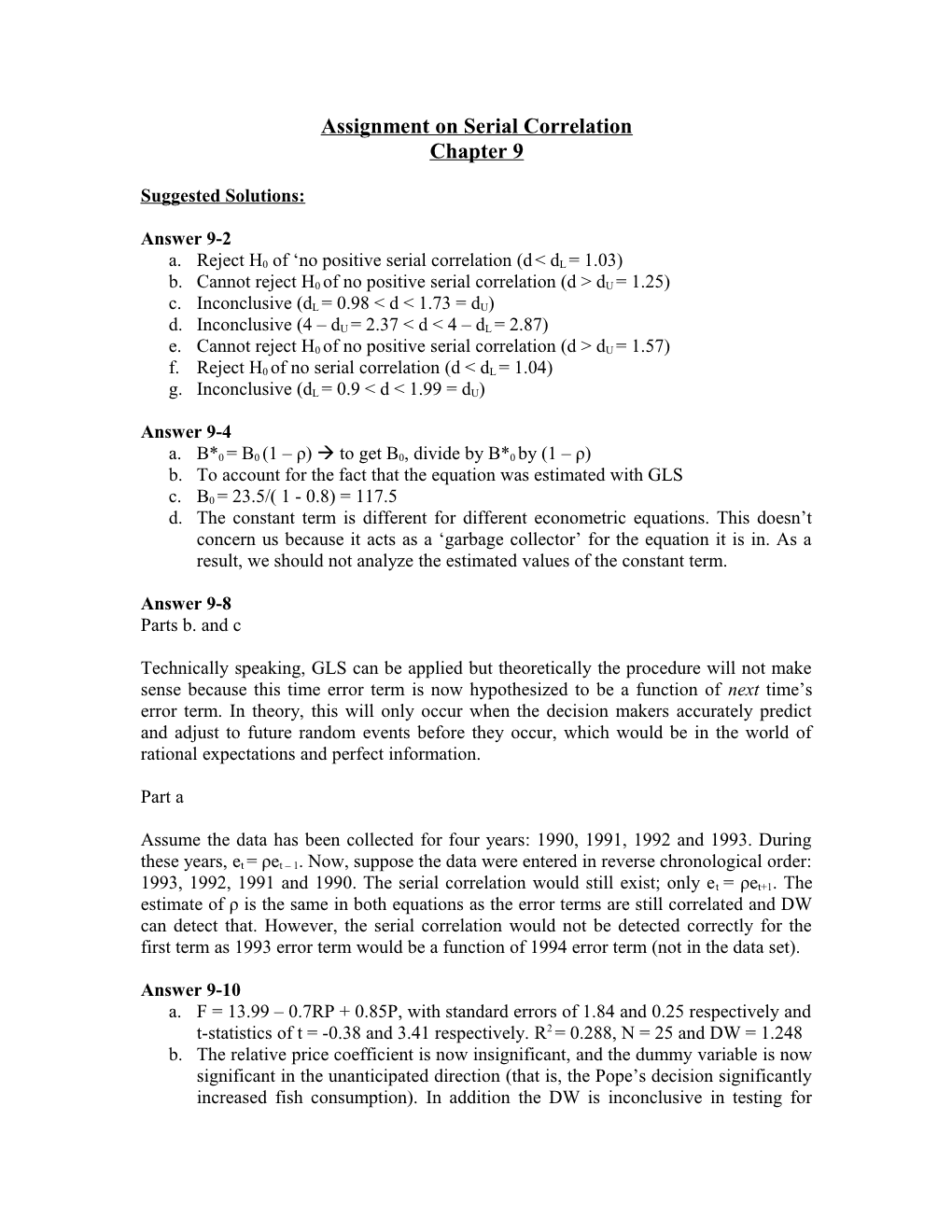 Assignment on Serial Correlation