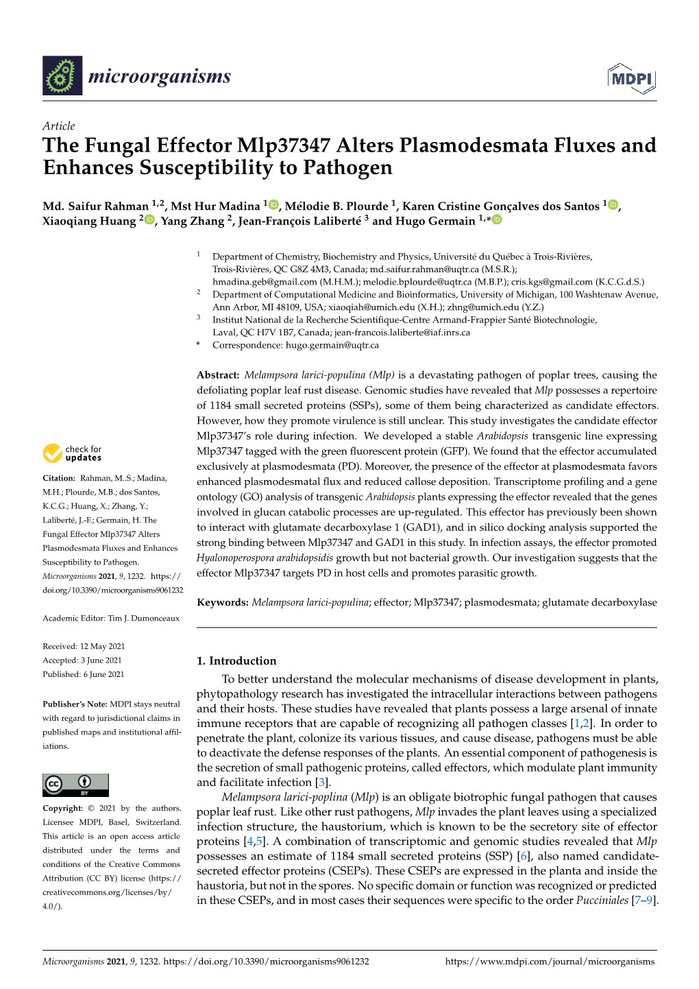 The Fungal Effector Mlp37347 Alters Plasmodesmata Fluxes and Enhances Susceptibility to Pathogen