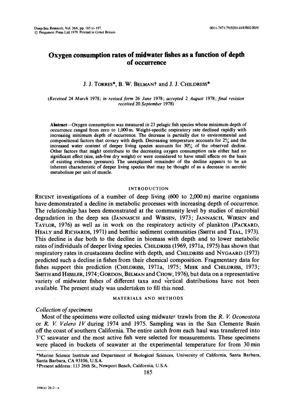 Oxygen Consumption Rates of Midwater Fishes As a Function of Depth of Occurrence