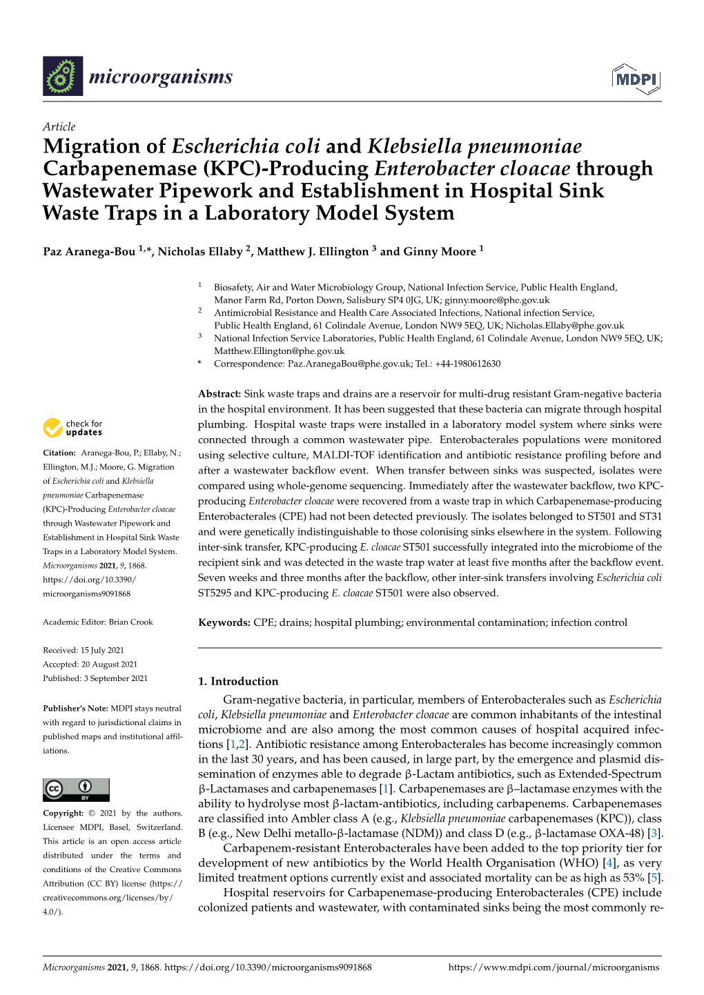 (KPC)-Producing Enterobacter Cloacae Through Wastewater Pipework and Establishment in Hospital Sink Waste Traps in a Laboratory Model System