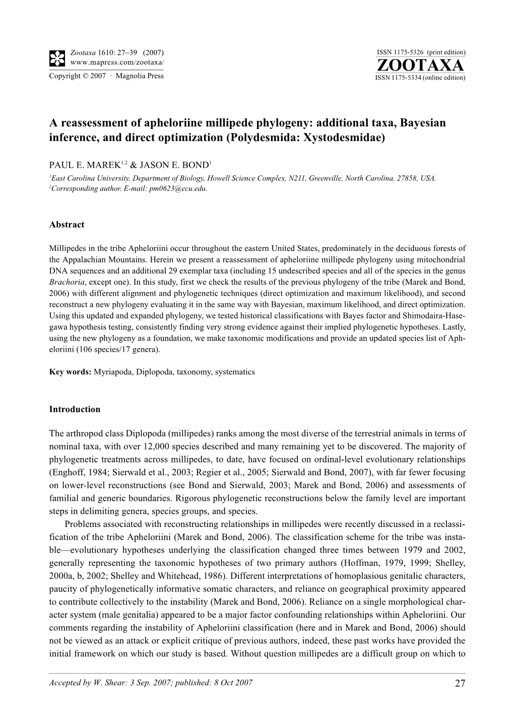 Zootaxa,A Reassessment of Apheloriine Millipede Phylogeny