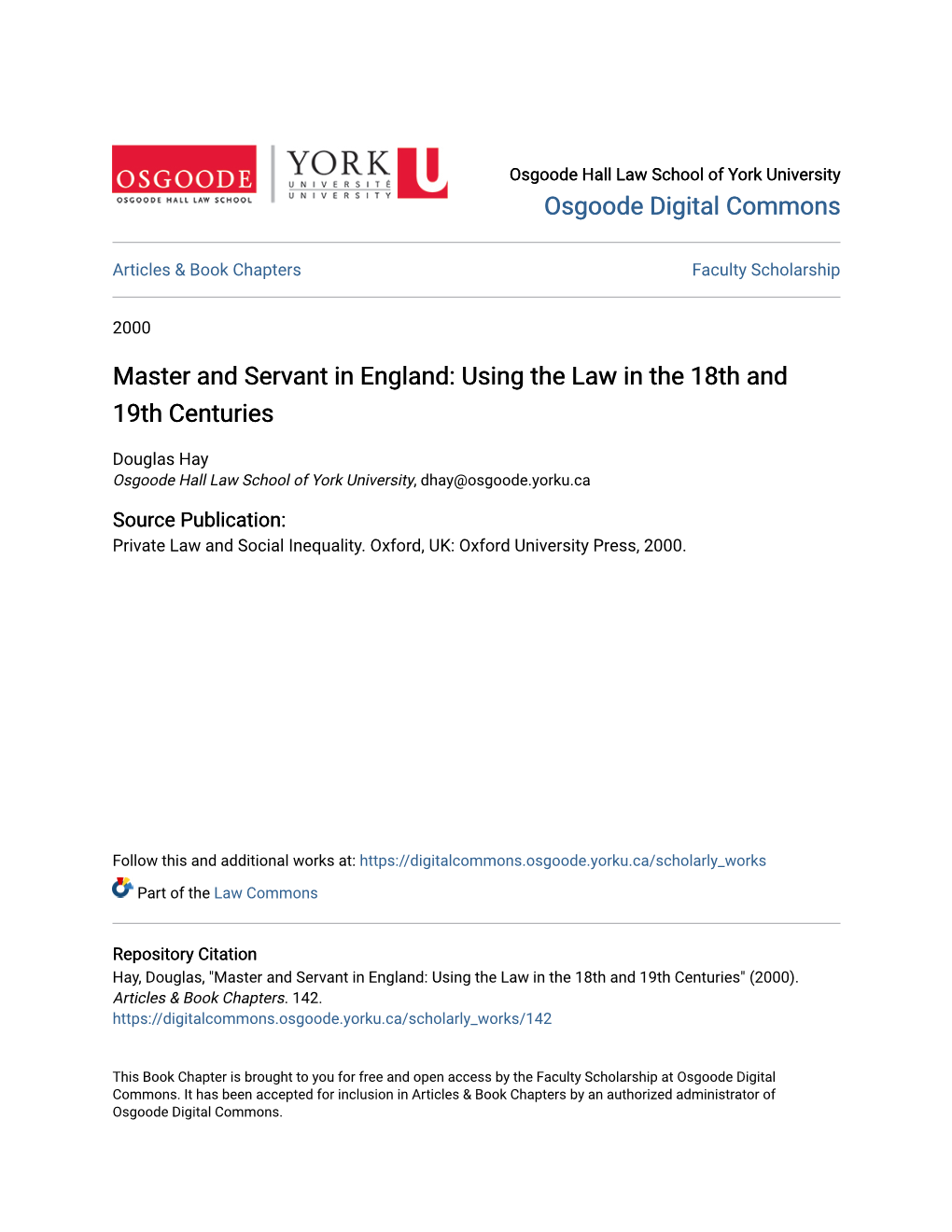 Master and Servant in England: Using the Law in the 18Th and 19Th Centuries