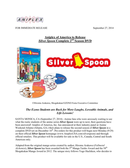 Aniplex of America to Release Silver Spoon Complete 2 Season