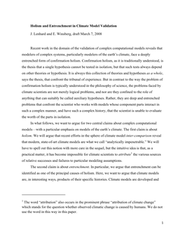 Holism and Entrenchment in Climate Model Validation J. Lenhard and E