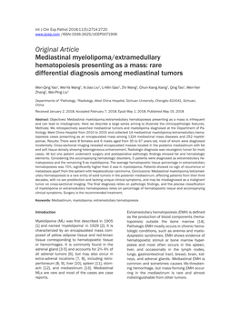 Original Article Mediastinal Myelolipoma/Extramedullary Hematopoiesis Presenting As a Mass: Rare Differential Diagnosis Among Mediastinal Tumors