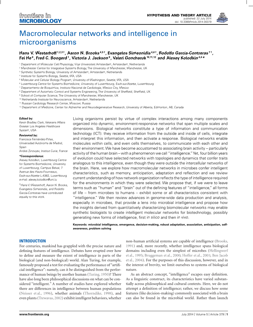 Macromolecular Networks and Intelligence in Microorganisms