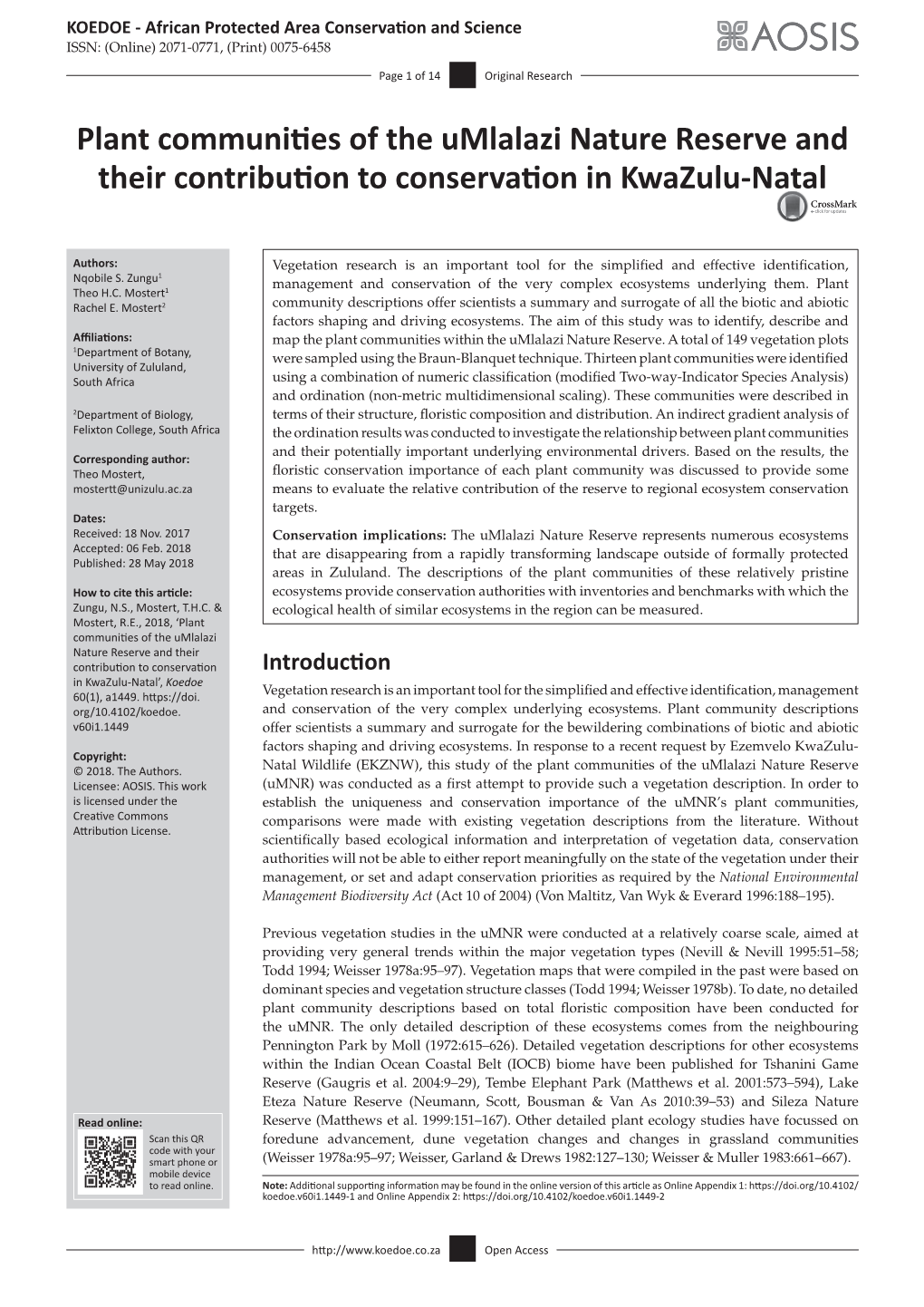 Plant Communities of the Umlalazi Nature Reserve and Their Contribution to Conservation in Kwazulu-Natal