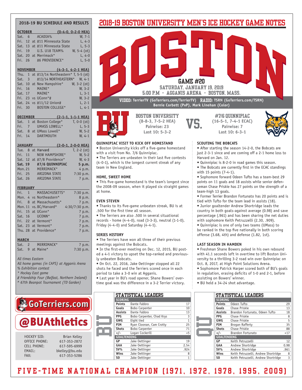 2018-19 Boston University Men's Ice Hockey Game Notes F I