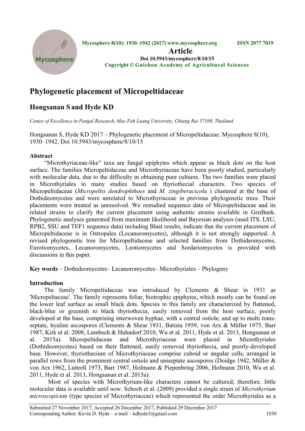 Phylogenetic Placement of Micropeltidaceae Article