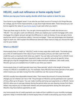 HELOC, Cash out Refinance Or Home Equity Loan?
