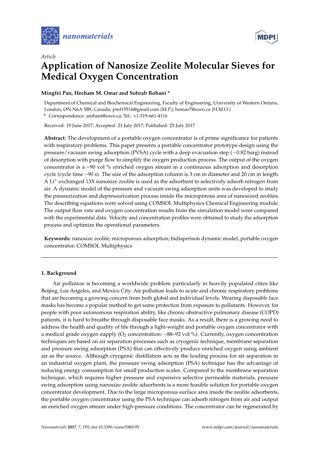 Application of Nanosize Zeolite Molecular Sieves for Medical Oxygen Concentration