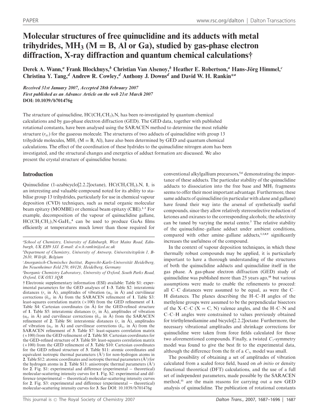 Molecular Structures of Free Quinuclidine and Its
