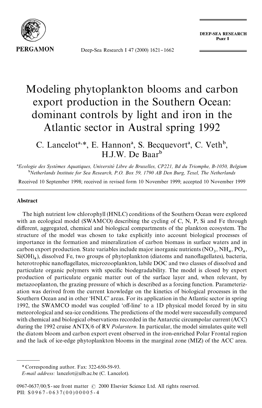 Modeling Phytoplankton Blooms and Carbon Export Production in the Southern Ocean: Dominant Controls by Light and Iron in the Atlantic Sector in Austral Spring 1992 C