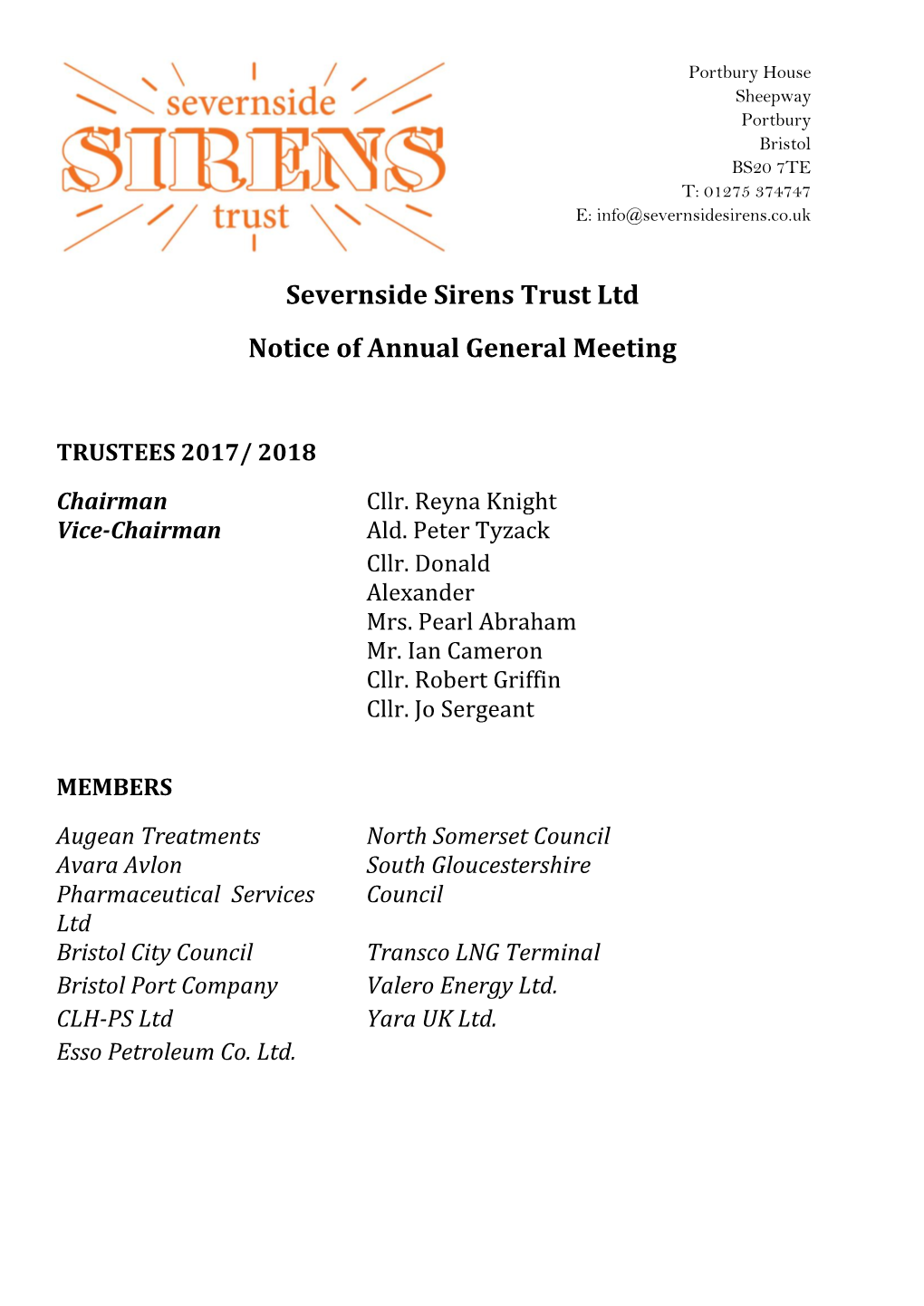 Severnside Sirens Trust Ltd Notice of Annual General Meeting