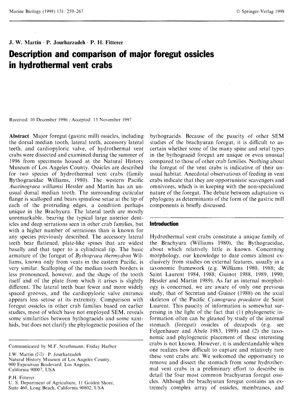 Description and Comparison of Major Foregut Ossicles in Hydrothermal Vent Crabs
