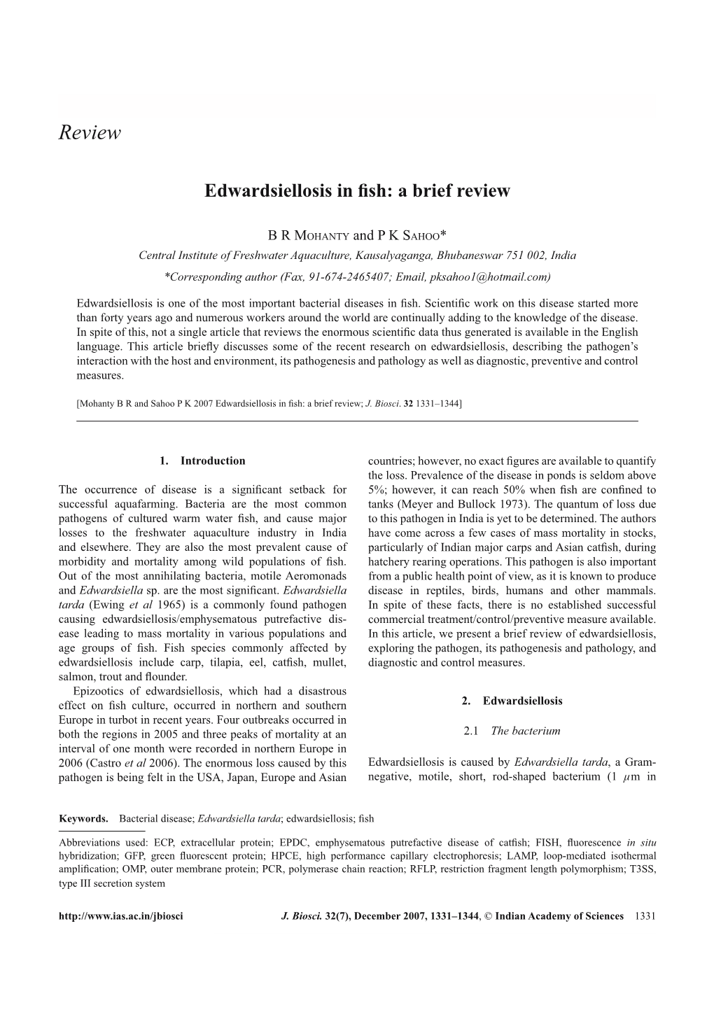 Edwardsiellosis in Fish: a Brief Review