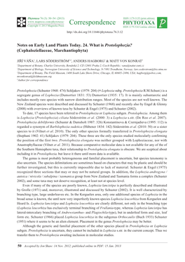 Notes on Early Land Plants Today. 24. What Is Protolophozia? (Cephaloziellaceae, Marchantiophyta)