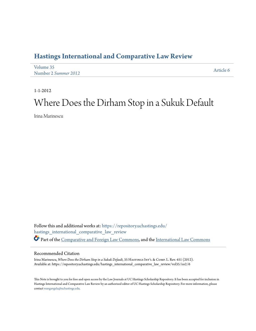 Where Does the Dirham Stop in a Sukuk Default Irina Marinescu