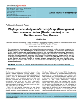 Phylogenetic Study on Microcotyle Sp. (Monogenea) from Common Dentex (Dentex Dentex) in the Mediterranean Sea, Greece