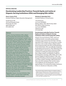 Decolonizing Leadership Practices: Towards Equity and Justice at Hispanic-Serving Institutions (Hsis) and Emerging Hsis (Ehsis)
