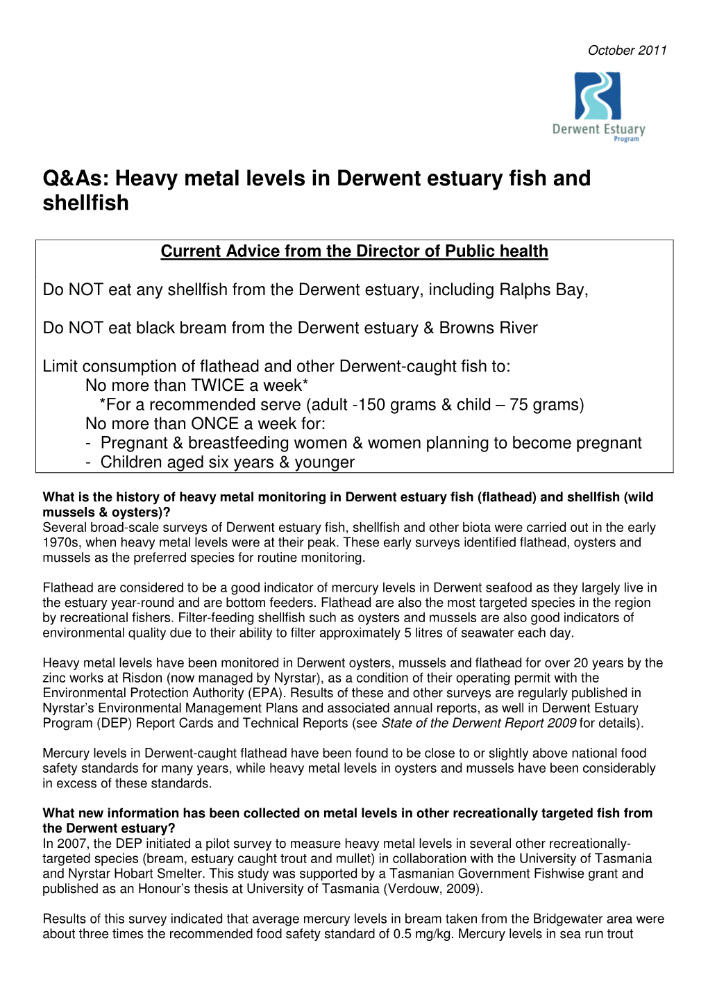 Heavy Metal Levels in Derwent Estuary Fish and Shellfish