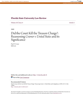 Did the Court Kill the Treason Charge?: Reassessing Cramer V. United States and Its Significance Paul T