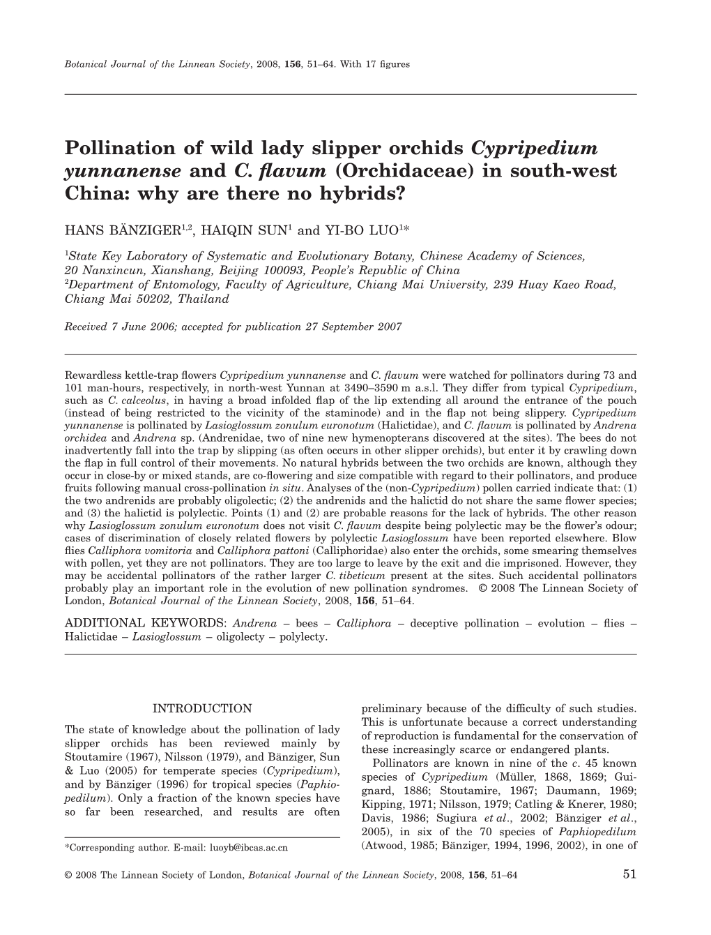 Pollination of Wild Lady Slipper Orchids Cypripedium Yunnanense and C