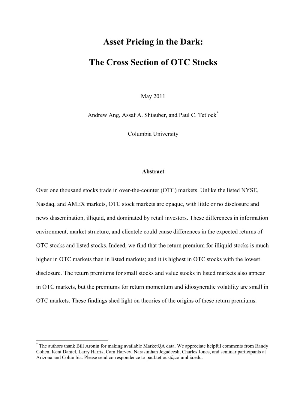 Asset Pricing in the Dark: the Cross Section of OTC Stocks