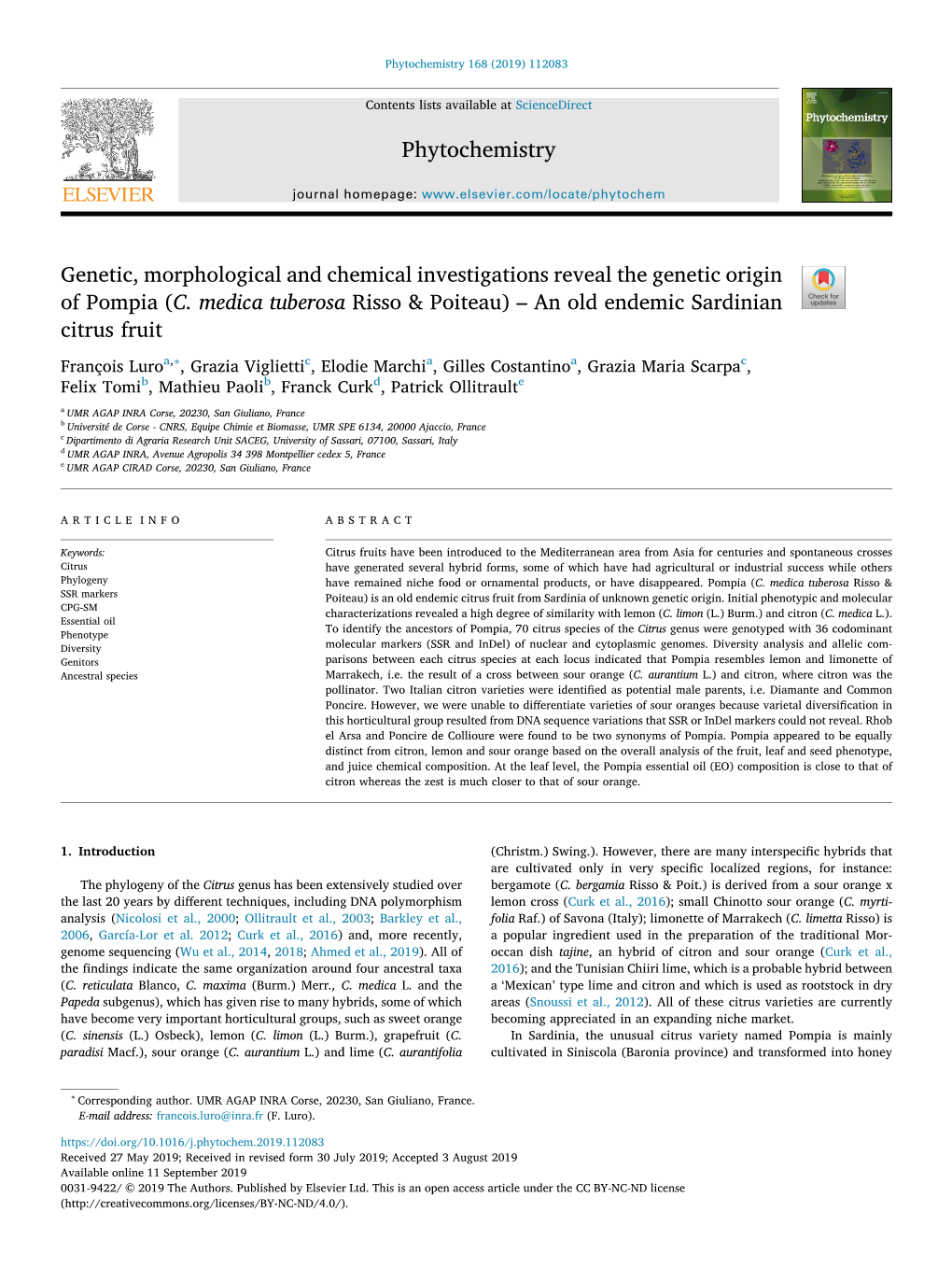 Genetic, Morphological and Chemical Investigations Reveal the Genetic Origin T of Pompia (C