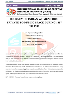 Journey of Indian Women from Private to Public Space During 1857 to 1947