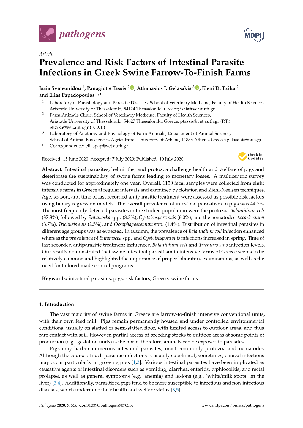 Prevalence and Risk Factors of Intestinal Parasite Infections in Greek Swine Farrow-To-Finish Farms