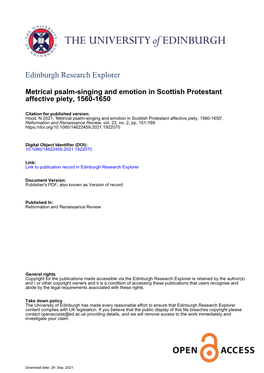 Metrical Psalm-Singing and Emotion in Scottish Protestant Affective Piety, 1560-1650