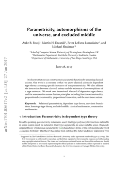 Parametricity, Automorphisms of the Universe, and Excluded Middle