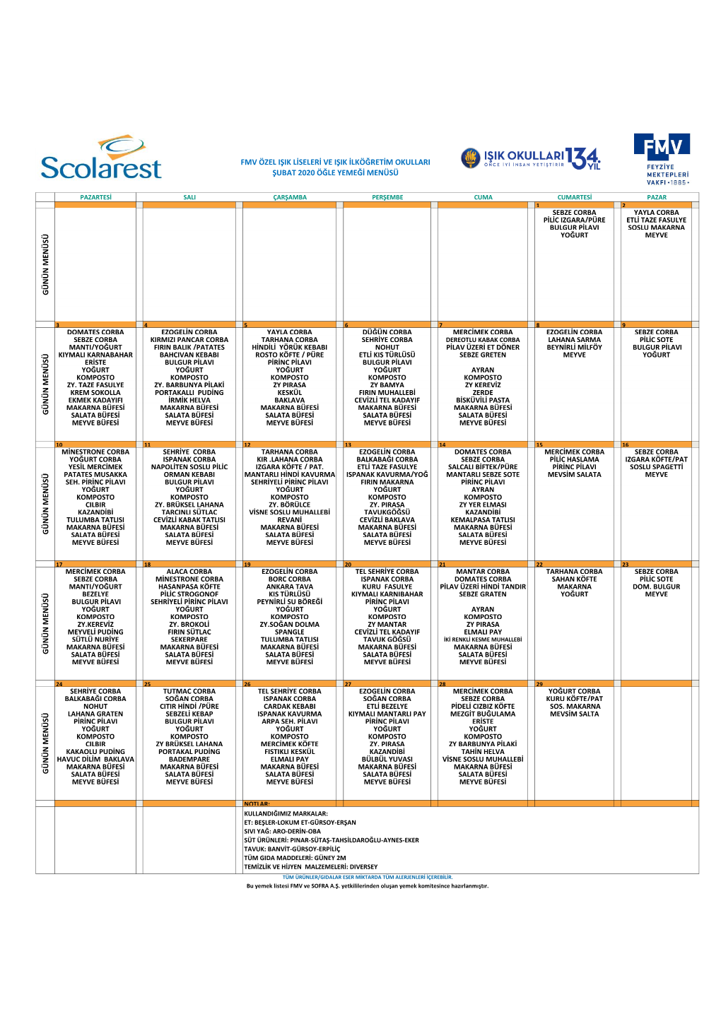 Gü N Ün M E N Üs Ü Fmv Özel Işik Liseleri Ve Işik Ilköğretim Okullari Şubat 2020 Öğle Yemeği Menüsü Gü