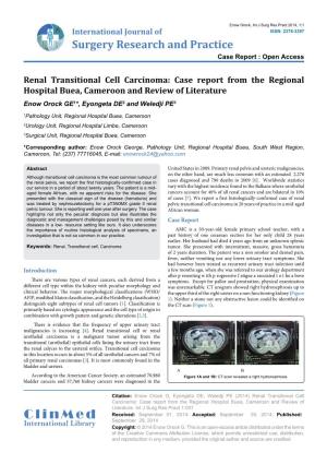 Renal Transitional Cell Carcinoma: Case Report from the Regional Hospital Buea, Cameroon and Review of Literature Enow Orock GE1*, Eyongeta DE2 and Weledji PE3