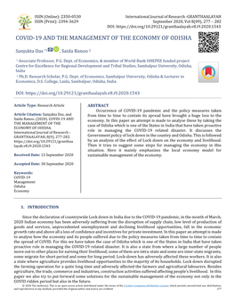 Covid-19 and the Management of the Economy of Odisha