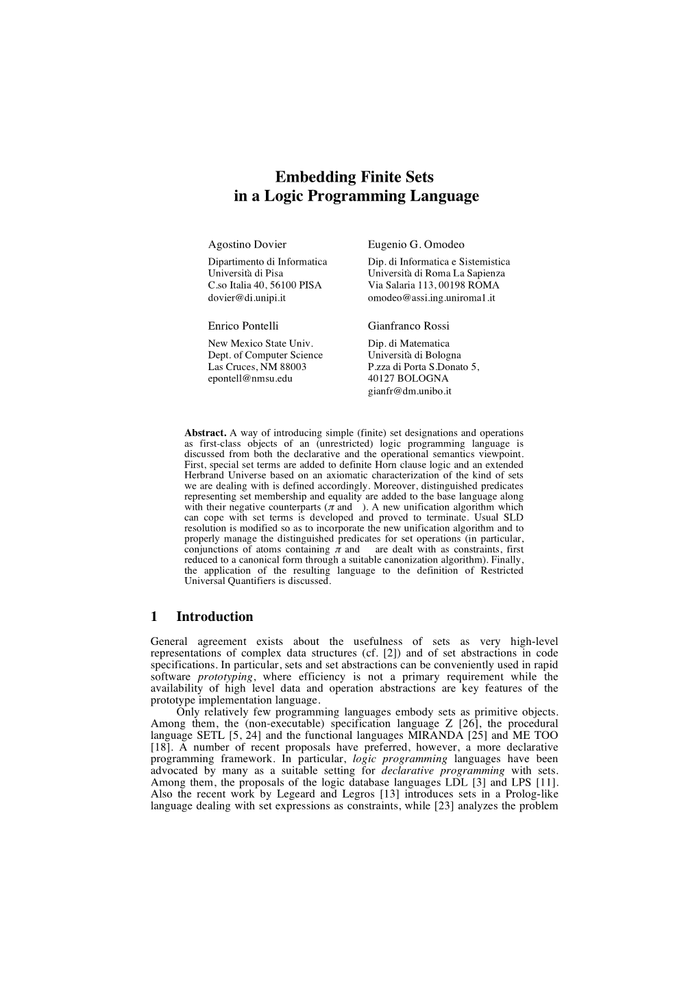 Embedding Finite Sets in a Logic Programming Language